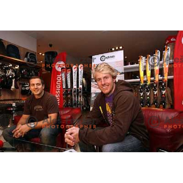 Alpine skiier Ted Ligety from USA visited Slovenia and sports shop Forma F+ where he meets owner and his old friend Jure Kosir, Ljubljana 29.10.2008 