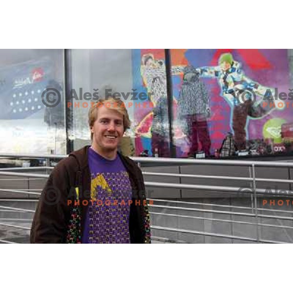 Alpine skiier Ted Ligety from USA visited Slovenia and sports shop Forma F+ where he meets owner and his old friend Jure Kosir, Ljubljana 29.10.2008 