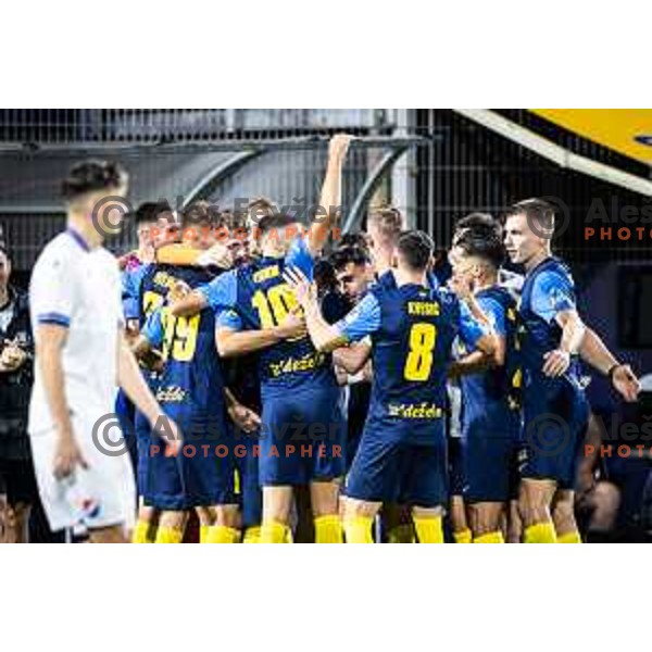 Danijel Sturm, Milot Avdyli, Mark Zabukovnik and other players celebrate goal during UEFA Conference League 2025/26 play-off football match between NK Celje (SLO) and FC Banik Ostrava (CZE) in Stadion z’dezele, Celje, Slovenia on August 21, 2025. Photo: Jure Banfi