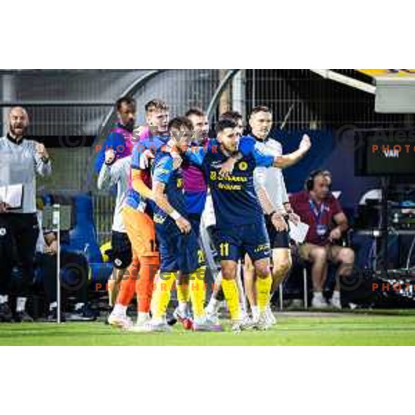 Nikita Iosifov, Franko Kovacevic and Milot Avdyli celebrate goal during UEFA Conference League 2025/26 play-off football match between NK Celje (SLO) and FC Banik Ostrava (CZE) in Stadion z’dezele, Celje, Slovenia on August 21, 2025. Photo: Jure Banfi