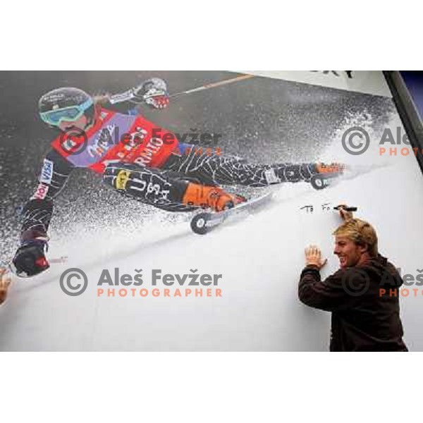 Alpine skiier Ted Ligety from USA visited Slovenia and sports shop Forma F+ where he meets owner and his old friend Jure Kosir, Ljubljana 29.10.2008 