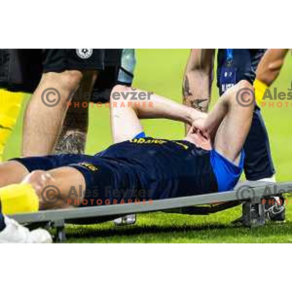 Injured Mark Zabukovnik during UEFA Conference League 2025/26 play-off football match between NK Celje (SLO) and FC Banik Ostrava (CZE) in Stadion z’dezele, Celje, Slovenia on August 21, 2025. Photo: Jure Banfi