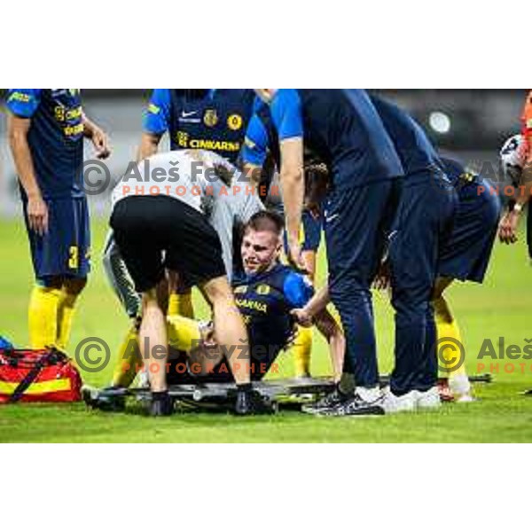 Injured Mark Zabukovnik during UEFA Conference League 2025/26 play-off football match between NK Celje (SLO) and FC Banik Ostrava (CZE) in Stadion z’dezele, Celje, Slovenia on August 21, 2025. Photo: Jure Banfi