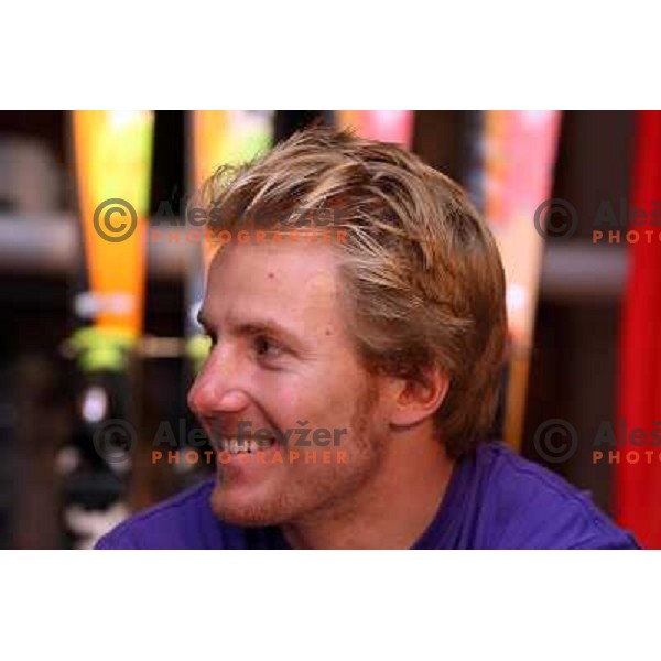 Alpine skiier Ted Ligety from USA visited Slovenia and sports shop Forma F+ where he meets owner and his old friend Jure Kosir, Ljubljana 29.10.2008 
