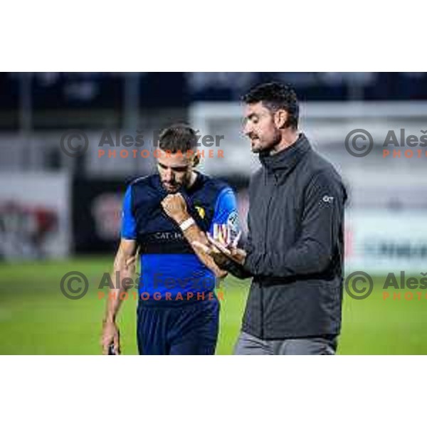 Danijel Sturm and Albert Riera, head coach of NK Celje (SLO) after UEFA Conference League 2025/26 play-off football match between NK Celje (SLO) and FC Banik Ostrava (CZE) in Stadion z’dezele, Celje, Slovenia on August 21, 2025. Photo: Jure Banfi