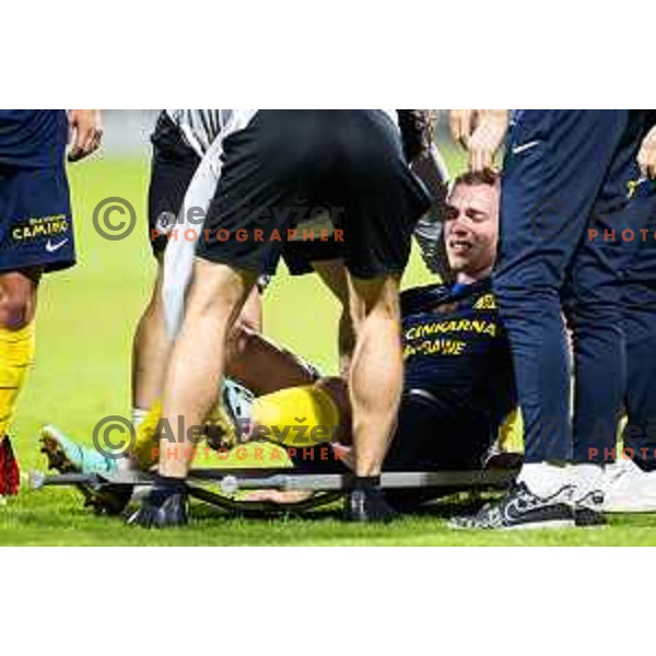 Injured Mark Zabukovnik during UEFA Conference League 2025/26 play-off football match between NK Celje (SLO) and FC Banik Ostrava (CZE) in Stadion z’dezele, Celje, Slovenia on August 21, 2025. Photo: Jure Banfi