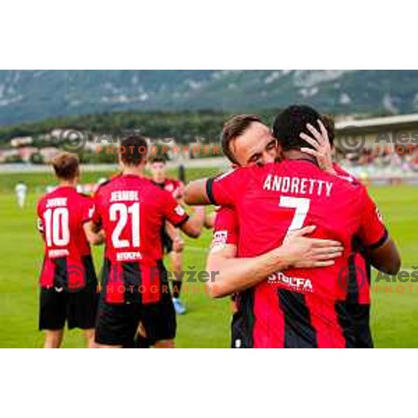 Roger Andretty Murillo Soto celebrates a goal during Prva liga Telemach 2025/2026 football match between Primorje and Olimpija in Ajdovscina, Slovenia on August 24, 2025