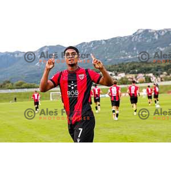 Roger Andretty Murillo Soto celebrates a goal during Prva liga Telemach 2025/2026 football match between Primorje and Olimpija in Ajdovscina, Slovenia on August 24, 2025