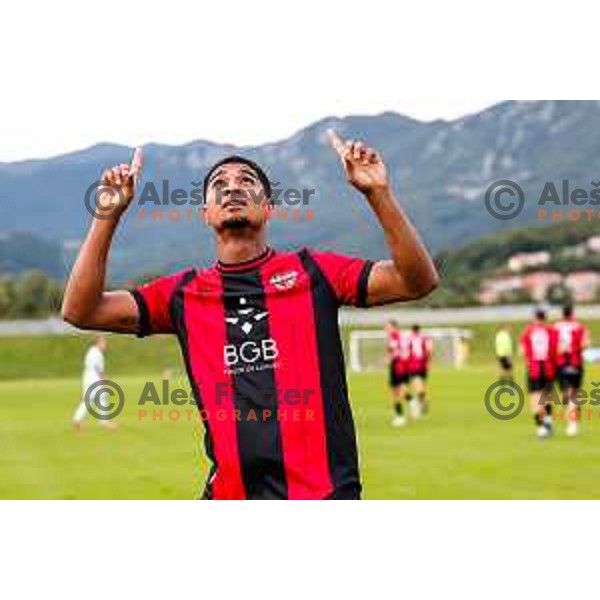 Roger Andretty Murillo Soto celebrates a goal during Prva liga Telemach 2025/2026 football match between Primorje and Olimpija in Ajdovscina, Slovenia on August 24, 2025