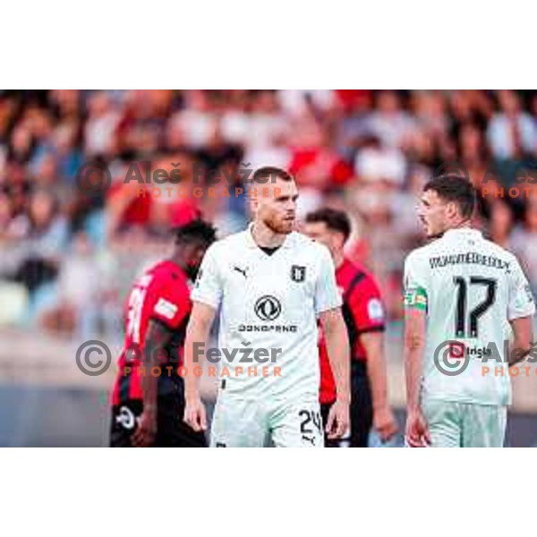 Roger Andretty celebrates a goal during Prva liga Telemach 2025/2026 football match between Primorje and Olimpija in Ajdovscina, Slovenia on August 24, 2025