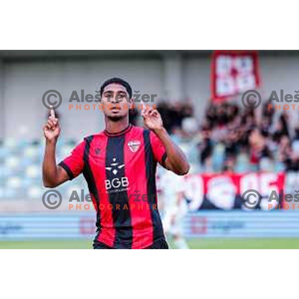 Roger Andretty Murillo Soto celebrates a goal during Prva liga Telemach 2025/2026 football match between Primorje and Olimpija in Ajdovscina, Slovenia on August 24, 2025