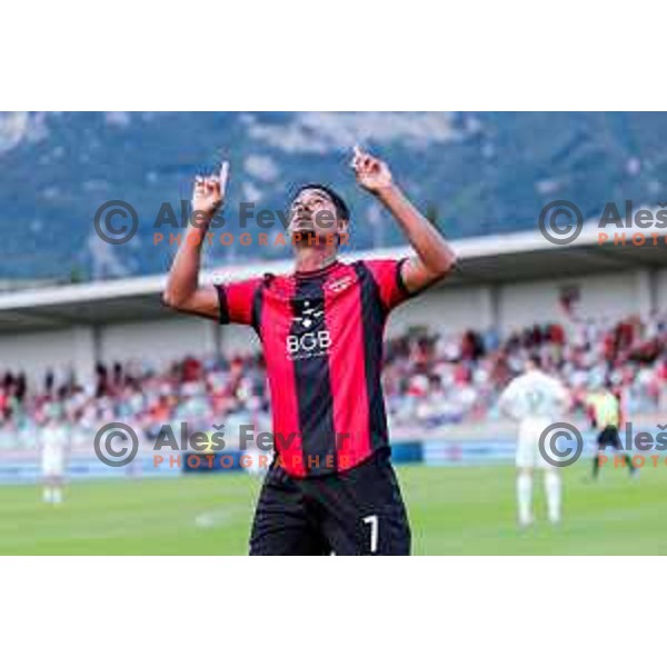 Roger Andretty Murillo Soto celebrates a goal during Prva liga Telemach 2025/2026 football match between Primorje and Olimpija in Ajdovscina, Slovenia on August 24, 2025