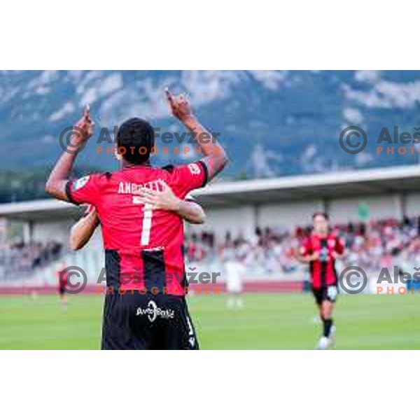 Roger Andretty Murillo Soto celebrates a goal during Prva liga Telemach 2025/2026 football match between Primorje and Olimpija in Ajdovscina, Slovenia on August 24, 2025