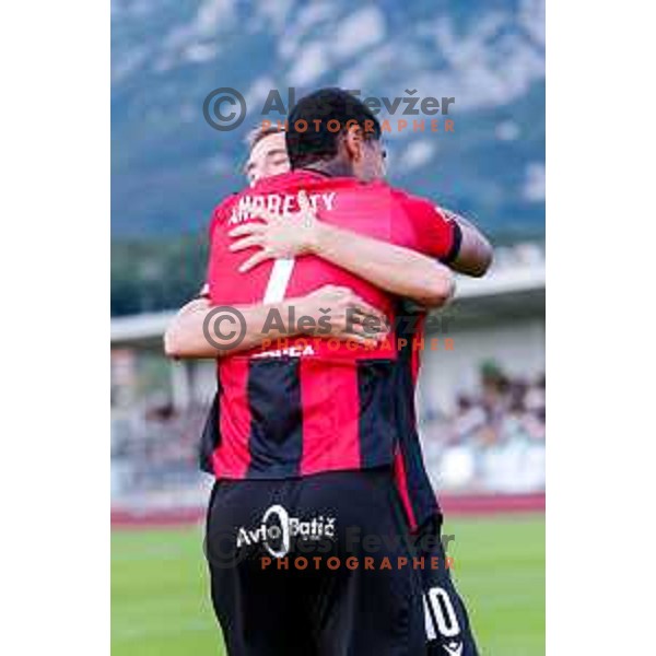 Roger Andretty celebrates a goal during Prva liga Telemach 2025/2026 football match between Primorje and Olimpija in Ajdovscina, Slovenia on August 24, 2025