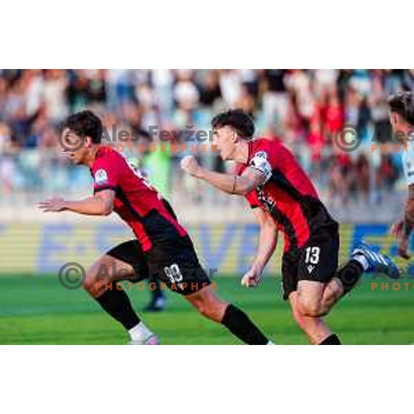 Roger Andretty celebrates a goal during Prva liga Telemach 2025/2026 football match between Primorje and Olimpija in Ajdovscina, Slovenia on August 24, 2025