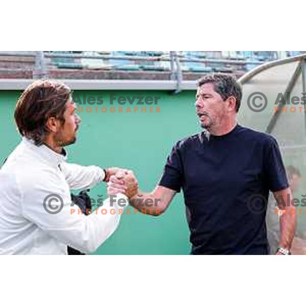Milan Andjelkovic and Erwin van de Looi during Prva liga Telemach 2025/2026 football match between Primorje and Olimpija in Ajdovscina, Slovenia on August 24, 2025