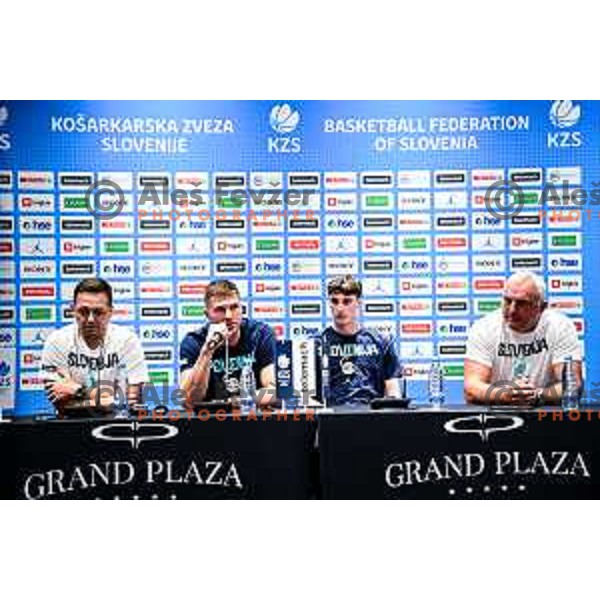 Aleksander Sekulic, Edo Muric, Mark Padjen and Sasa Doncic of Slovenia National team during press conference before departure to EurBasket 2025 in Ljubljana, Slovenia on August 25, 2025
