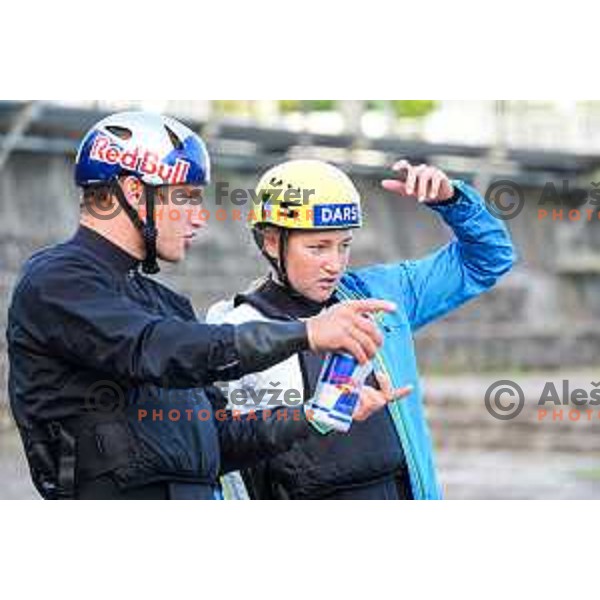 Ziga Lin Hocevar and Eva Alina Hocevar of Slovenia during practice session before 2025 World Cup Canoe Slalom race in Tacen, Ljubljana, Slovenia on August 27, 2025
