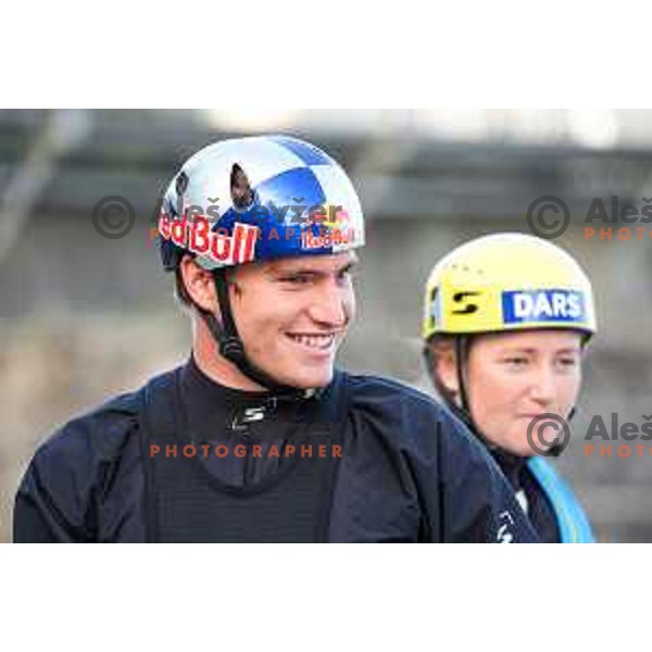 Ziga Lin Hocevar and Eva Alina Hocevar of Slovenia during practice session before 2025 World Cup Canoe Slalom race in Tacen, Ljubljana, Slovenia on August 27, 2025