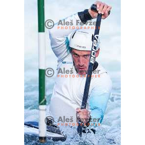 Luka Bozic of Slovenia during practice session before 2025 World Cup Canoe Slalom race in Tacen, Ljubljana, Slovenia on August 27, 2025