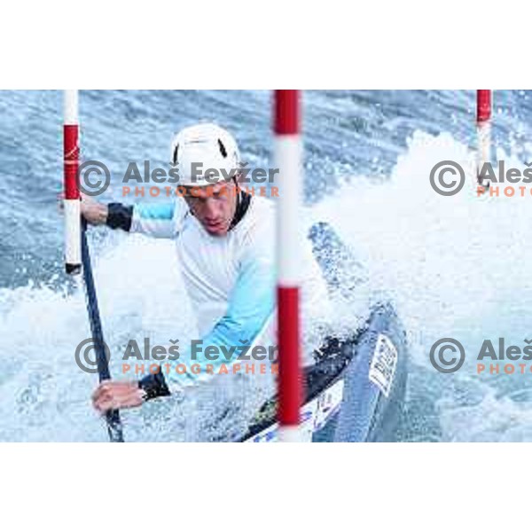 Luka Bozic of Slovenia during practice session before 2025 World Cup Canoe Slalom race in Tacen, Ljubljana, Slovenia on August 27, 2025