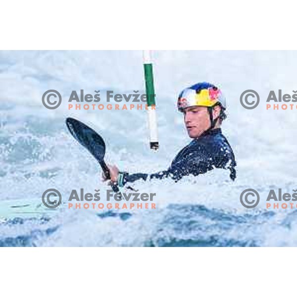 Ziga Lin Hocevar of Slovenia during practice session before 2025 World Cup Canoe Slalom race in Tacen, Ljubljana, Slovenia on August 27, 2025