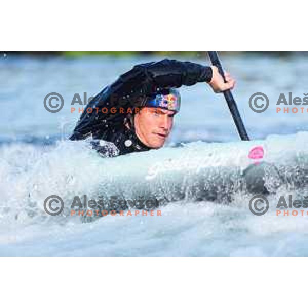 Ziga Lin Hocevar of Slovenia during practice session before 2025 World Cup Canoe Slalom race in Tacen, Ljubljana, Slovenia on August 27, 2025