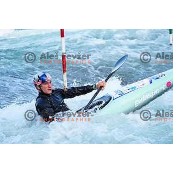 Ziga Lin Hocevar of Slovenia during practice session before 2025 World Cup Canoe Slalom race in Tacen, Ljubljana, Slovenia on August 27, 2025