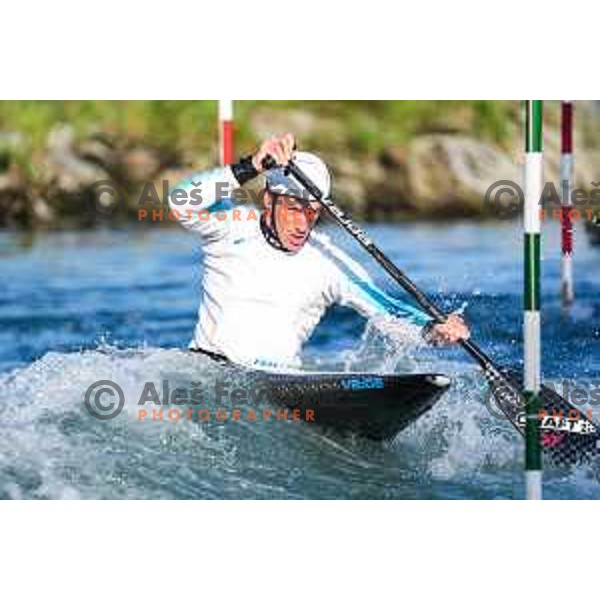 Luka Bozic of Slovenia during practice session before 2025 World Cup Canoe Slalom race in Tacen, Ljubljana, Slovenia on August 27, 2025