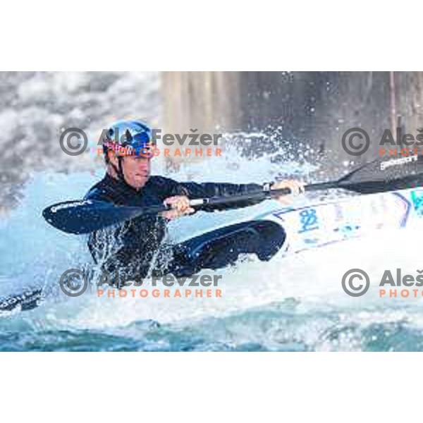 Ziga Lin Hocevar of Slovenia during practice session before 2025 World Cup Canoe Slalom race in Tacen, Ljubljana, Slovenia on August 27, 2025