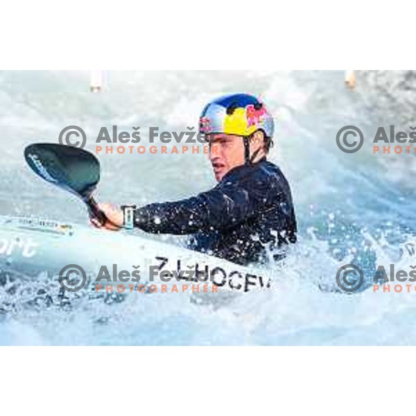 Ziga Lin Hocevar of Slovenia during practice session before 2025 World Cup Canoe Slalom race in Tacen, Ljubljana, Slovenia on August 27, 2025