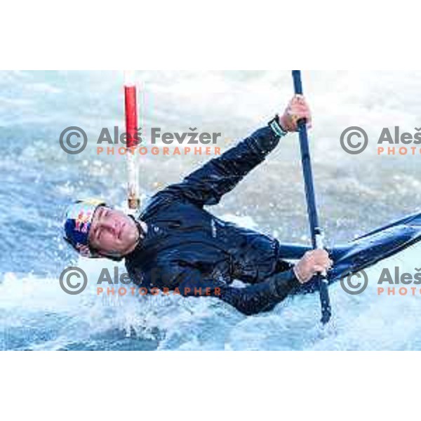 Ziga Lin Hocevar of Slovenia during practice session before 2025 World Cup Canoe Slalom race in Tacen, Ljubljana, Slovenia on August 27, 2025