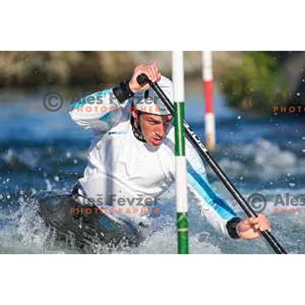 Luka Bozic of Slovenia during practice session before 2025 World Cup Canoe Slalom race in Tacen, Ljubljana, Slovenia on August 27, 2025