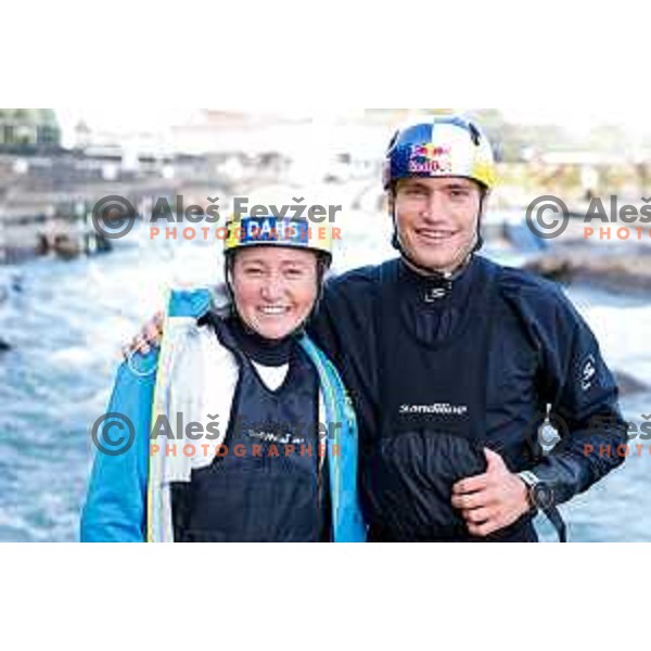 Ziga Lin Hocevar and Eva Alina Hocevar of Slovenia during practice session before 2025 World Cup Canoe Slalom race in Tacen, Ljubljana, Slovenia on August 27, 2025