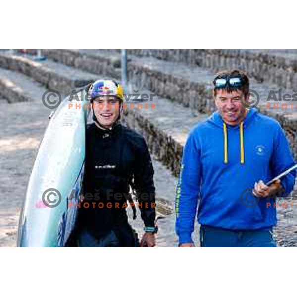Ziga Lin Hocevar and his father and coach Simon Hocevar of Slovenia during practice session before 2025 World Cup Canoe Slalom race in Tacen, Ljubljana, Slovenia on August 27, 2025