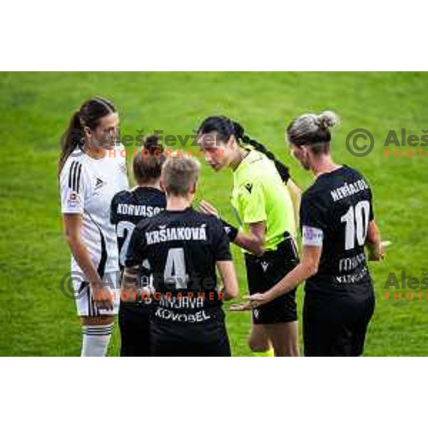 Ana Milovic, referee Kristina Kozoroh in action during UEFA Women’s Champions League 2025/26 qualifications football match between ZNK Mura Nona and Spartak Myjava in Fazanerija, Murska Sobota, Slovenia on August 27, 2025. Photo: Jure Banfi