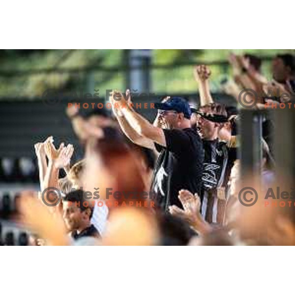 Fans of ZNK Mura Nona celebrate during UEFA Women’s Champions League 2025/26 qualifications football match between ZNK Mura Nona and Spartak Myjava in Fazanerija, Murska Sobota, Slovenia on August 27, 2025. Photo: Jure Banfi