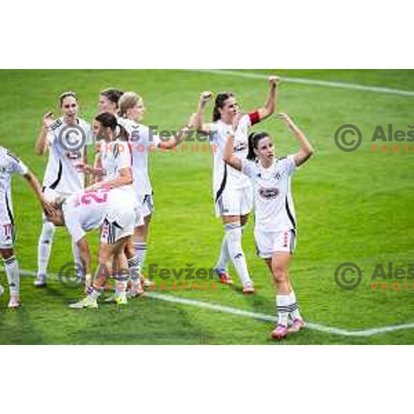 Ana Milovic and Lucija Kos celebrate goal during UEFA Women’s Champions League 2025/26 qualifications football match between ZNK Mura Nona and Spartak Myjava in Fazanerija, Murska Sobota, Slovenia on August 27, 2025. Photo: Jure Banfi