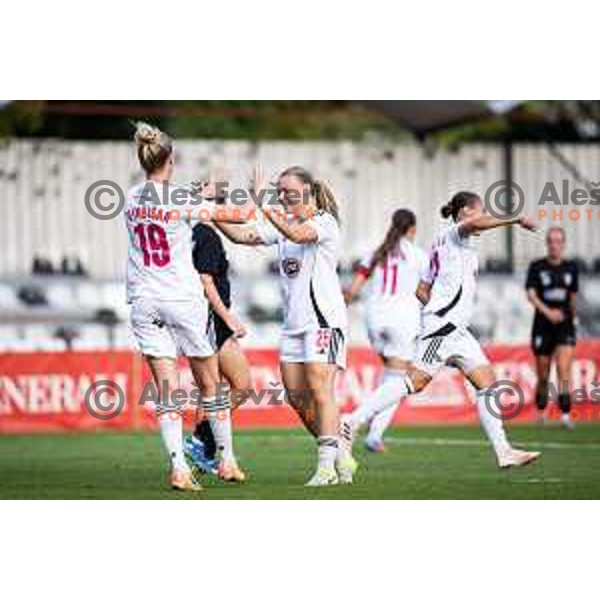 Zala Vindisar and Noelle Vilcnik celebrate goal during UEFA Women’s Champions League 2025/26 qualifications football match between ZNK Mura Nona and Spartak Myjava in Fazanerija, Murska Sobota, Slovenia on August 27, 2025. Photo: Jure Banfi