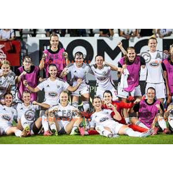 Players of ZNK Mura Nona celebrate victory after UEFA Women’s Champions League 2025/26 qualifications football match between ZNK Mura Nona and Spartak Myjava in Fazanerija, Murska Sobota, Slovenia on August 27, 2025. Photo: Jure Banfi