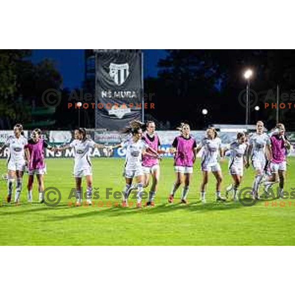 Players of ZNK Mura Nona celebrate victory after UEFA Women’s Champions League 2025/26 qualifications football match between ZNK Mura Nona and Spartak Myjava in Fazanerija, Murska Sobota, Slovenia on August 27, 2025. Photo: Jure Banfi