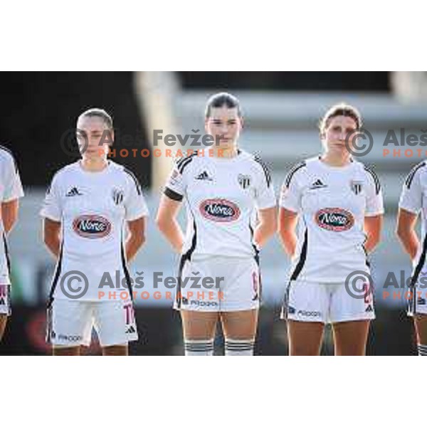Yana Malakhova, Gala Ravnik and Tija Sostaric during UEFA Women’s Champions League 2025/26 qualifications football match between ZNK Mura Nona and Spartak Myjava in Fazanerija, Murska Sobota, Slovenia on August 27, 2025. Photo: Jure Banfi
