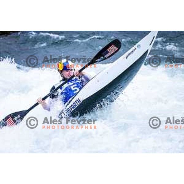 Ely Leibfarth (USA) in action during ICF World Cup Canoe Slalom Women’s K-1 race in Tacen, Ljubljana, Slovenia on August 29, 2025
