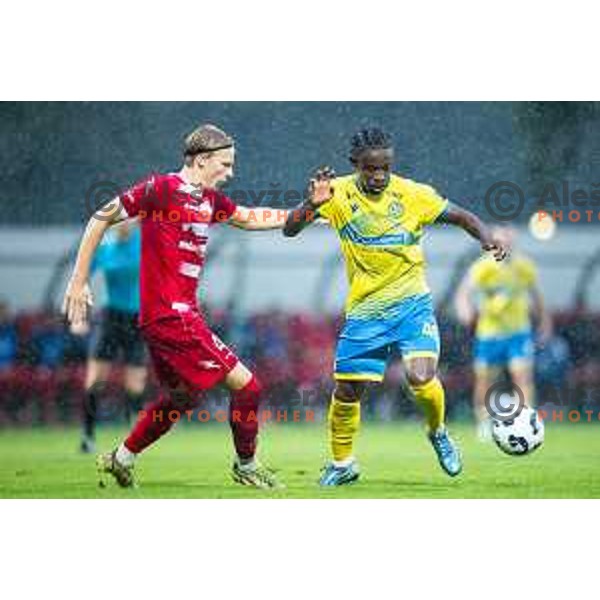 Vid Koderman vs Isaac Matondo in action during Prva liga Telemach 2025/26 football match between NK Aluminij and NK Koper in Sportni park Kidricevo, Slovenia on August 29, 2025. Photo: Jure Banfi