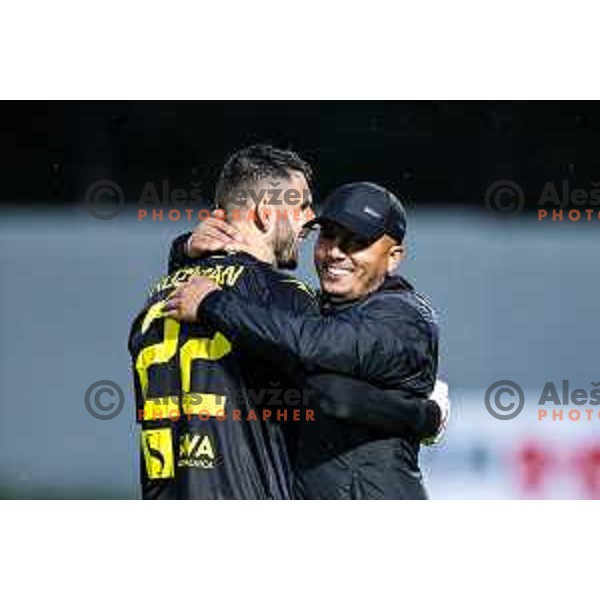 Matjaz Rozman and Jura Arsic, head coach of NK Aluminij celebrate victory after Prva liga Telemach 2025/26 football match between NK Aluminij and NK Koper in Sportni park Kidricevo, Slovenia on August 29, 2025. Photo: Jure Banfi