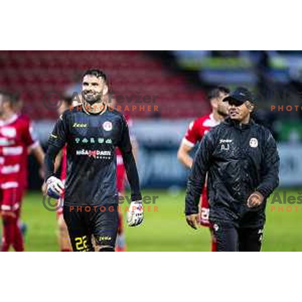 Matjaz Rozman and Jura Arsic, head coach of NK Aluminij celebrate victory after Prva liga Telemach 2025/26 football match between NK Aluminij and NK Koper in Sportni park Kidricevo, Slovenia on August 29, 2025. Photo: Jure Banfi