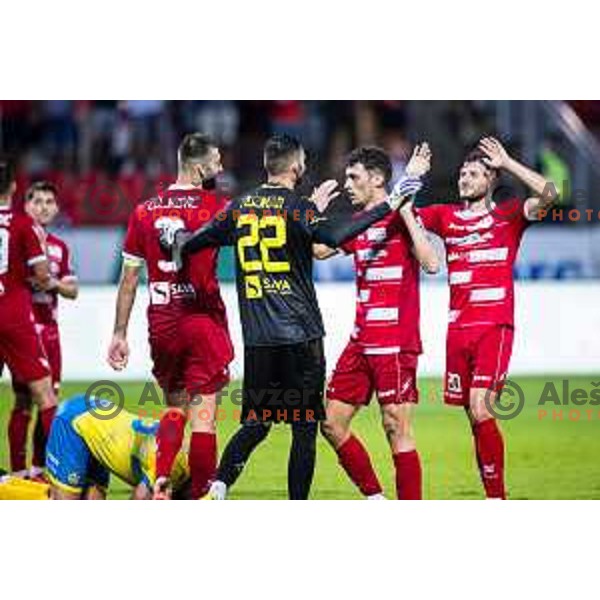 Aleksandar Zeljkovic, Matjaz Rozman, Ivijan Svrznjak celebrate victory after Prva liga Telemach 2025/26 football match between NK Aluminij and NK Koper in Sportni park Kidricevo, Slovenia on August 29, 2025. Photo: Jure Banfi
