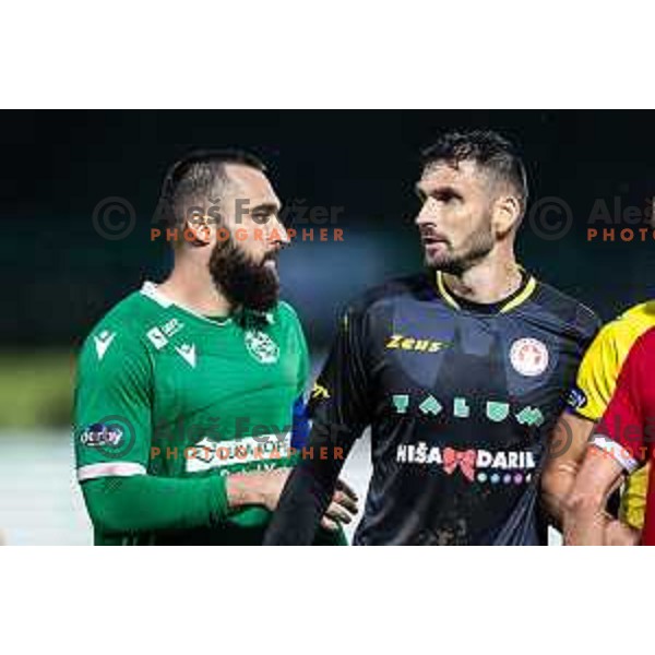 Metod Jurhar vs Matjaz Rozman after Prva liga Telemach 2025/26 football match between NK Aluminij and NK Koper in Sportni park Kidricevo, Slovenia on August 29, 2025. Photo: Jure Banfi