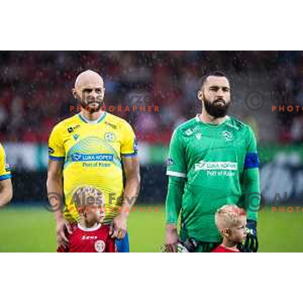 Dominik Ivkic and Metod Jurhar in action during Prva liga Telemach 2025/26 football match between NK Aluminij and NK Koper in Sportni park Kidricevo, Slovenia on August 29, 2025. Photo: Jure Banfi