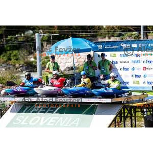 Jan Locnikar (SLO, green bib) in action during ICF World Cup Men’s Kayak-Cross race in Tacen, Ljubljana, Slovenia on August 31, 2025